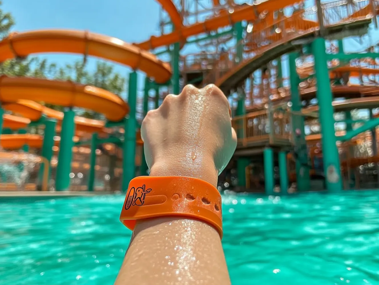 an wristband on a wrist with a waterpark in the background