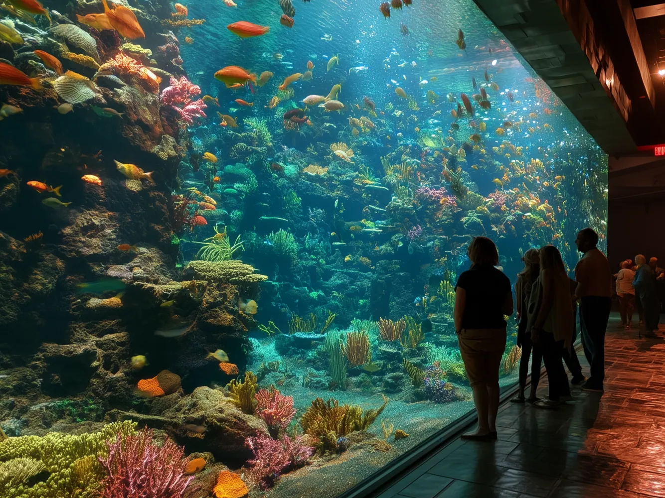 people looking at an aquarium