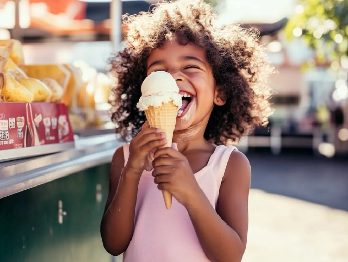 A young girl with curly hair laughs while enjoying an ice cream cone, standing near an outdoor food stall on a sunny day.