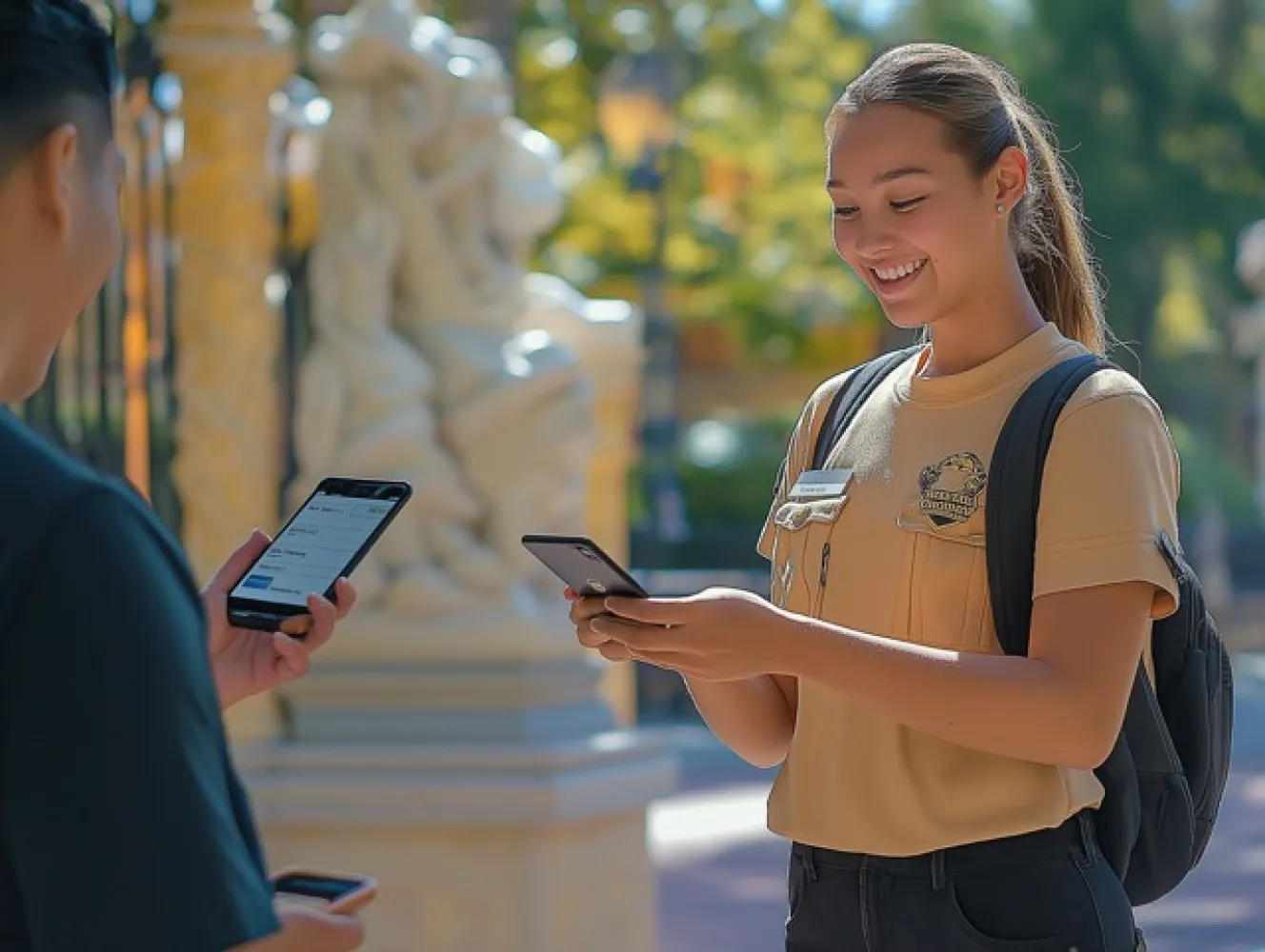 A friendly theme park employee scans a visitor’s mobile ticket at the entrance, ensuring a smooth and efficient entry into the park.